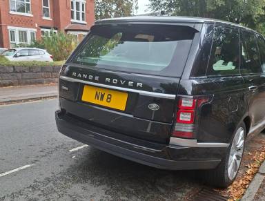 UK Number Plate NW 8 on a 2015 Black Land Rover Range Rover