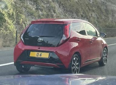 UK Number Plate O 4 on a 2021 RED Toyota Aygo