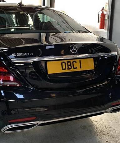 UK Number Plate OBC 1 on a 2023 Black Mercedes-Benz S 580 L Amg Line Premium + E A