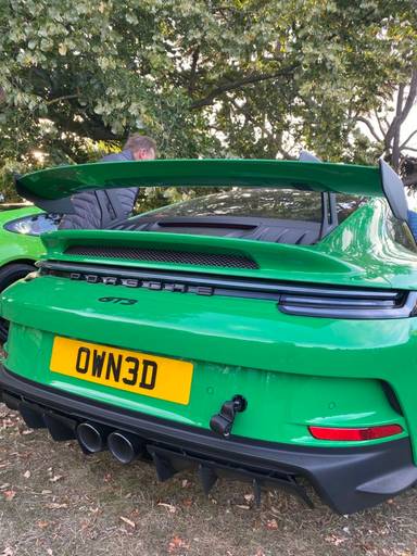 UK Number Plate OWN 3D on a 2022 Green Porsche 911 Gt3 S-A