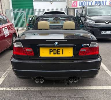 UK Number Plate PDE 1 on a 2003 Black BMW M3