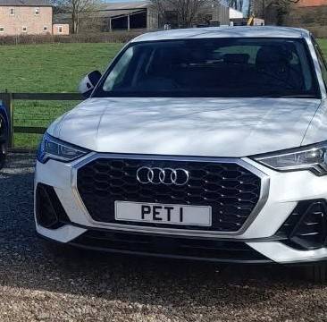 UK Number Plate PET 1 on a 2020 White Audi Q3 Sport 35 Tfsi