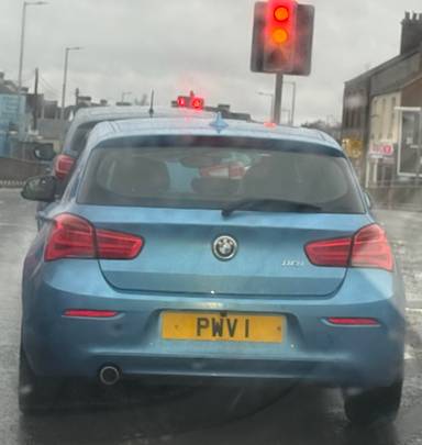UK Number Plate PWV 1 on a 2019 Blue BMW 118