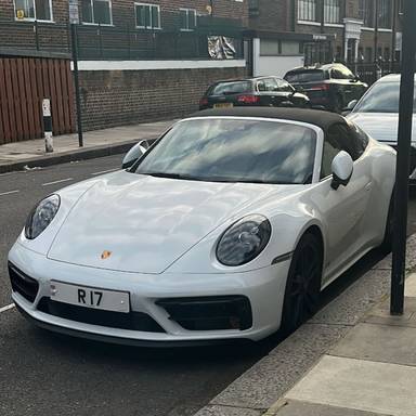 UK Number Plate R 17 on a 2021 White Porsche 911 Targa 4 Gts