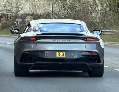 UK Number Plate R 3 on a Grey Aston Martin DBS