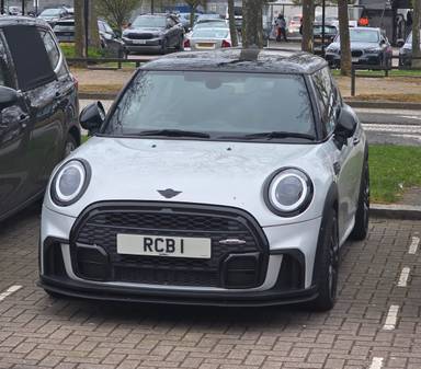 UK Number Plate RCB 1 on a 2022 Silver Mini Cooper