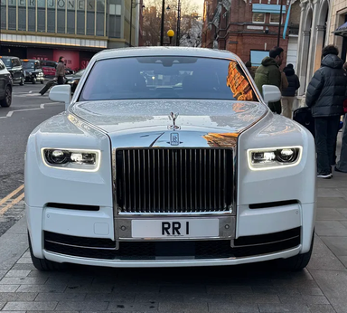 UK Number Plate RR 1 on a 2019 White Rolls Royce Phantom