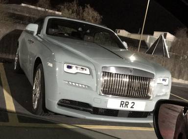 UK Number Plate RR 2 on a 2016 Blue Rolls Royce Dawn