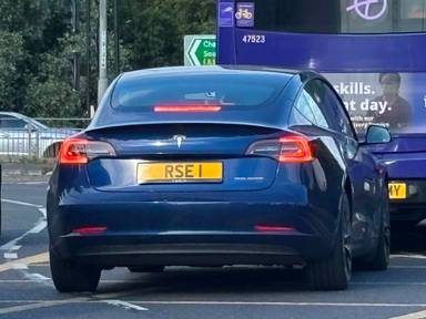 UK Number Plate RSE 1 on a 2021 Blue Tesla Model 3 Performance Awd