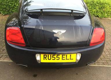 UK Number Plate RU55 ELL on a 2006 Blue Bentley Continental Gt