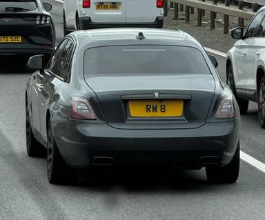 UK Number Plate RW 8 on a 2023 Grey Rolls Royce Ghost V12 Black Badge 4x4 Auto