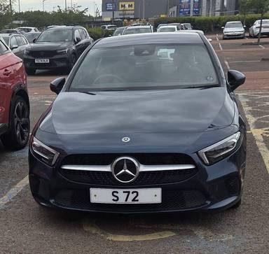 UK Number Plate S 72 on a 2020 Blue Mercedes-Benz A