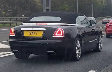 UK Number Plate SAF 1 on a 2016 Black Rolls Royce Dawn