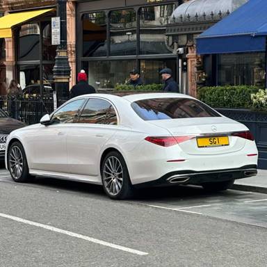 UK Number Plate SG 1 on a 2024 White Mercedes-Benz S 580 L Amg Ln Prem + Exec E A