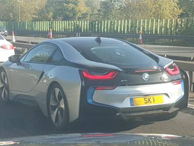 UK Number Plate SK 1 on a 2014 Silver BMW I8