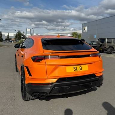 UK Number Plate SL 8 on a 2025 Orange Lamborghini Urus V8 Performante Auto