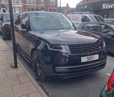 UK Number Plate SOS 1 on a 2025 Black Land Rover Range Rover Autobio Mhev Auto