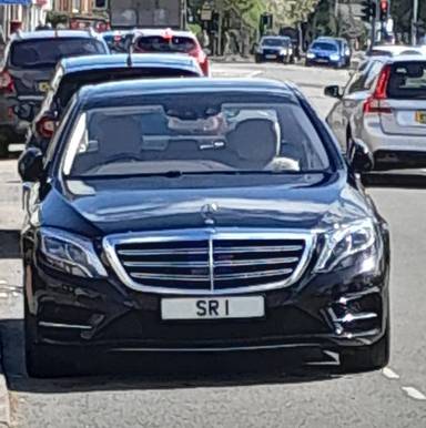 UK Number Plate SR 1 on a 2014 Black Mercedes-Benz S-Class