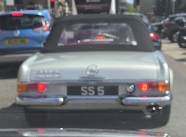 UK Number Plate SS 5 on a 1969 Grey Mercedes SL