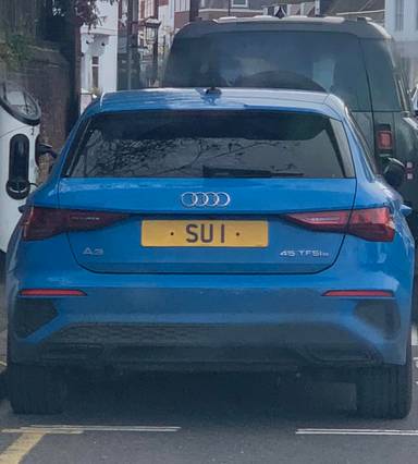 UK Number Plate SU 1 on a 2026 White Audi A3 S Line Black Ed Tfsi E Sa