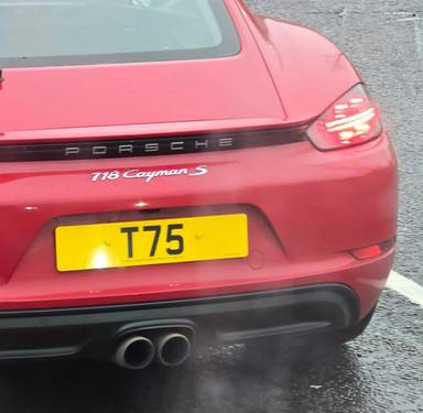 UK Number Plate T 75 on a 2017 RED Porsche Cayman