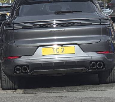 UK Number Plate TC 2 on a 2023 Grey Porsche Cayenne V8 S Auto