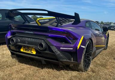 UK Number Plate THR 1L on a 2023 Black Lamborghini Huracan Sto 4x2 S-A