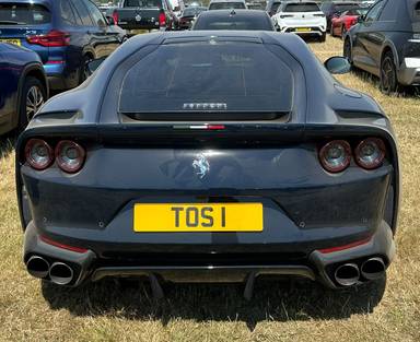 UK Number Plate TOS 1 on a 2020 Blue Ferrari 812 Superfast S-A