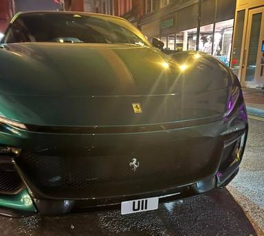 UK Number Plate U 11 on a 2023 Green Ferrari Purosangue S-A