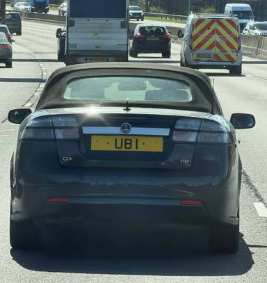 UK Number Plate UB 1 on a 2011 Blue Saab 9-3