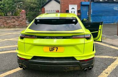 UK Number Plate UF 7 on a 2025 Green Lamborghini Urus V8 Performante Auto