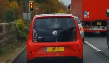 UK Number Plate UP 2 on a 2017 RED Volkswagen UP