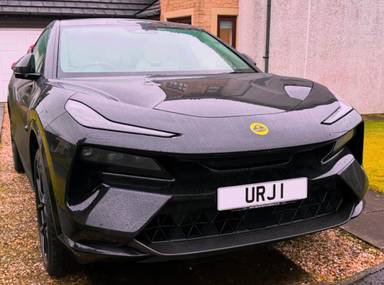 UK Number Plate URJ 1 on a 2024 Black Lotus Eletre R