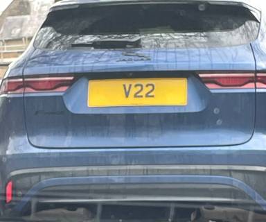 UK Number Plate V 22 on a 2021 Blue Jaguar F-Pace R-Dynamic Se Awd Auto