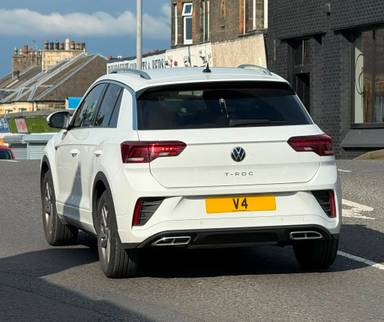 UK Number Plate V 4 on a 2025 White Volkswagen T-Roc R-Line Tsi S-A