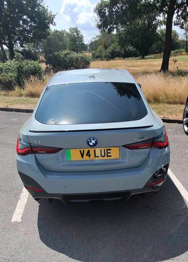 UK Number Plate V4 LUE on a 2023 Grey BMW I4 Edrive40 M Sport
