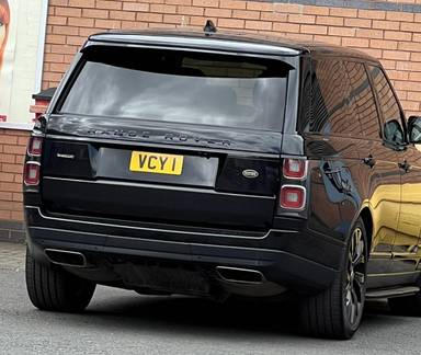 UK Number Plate VCY 1 on a 2019 Black Land Rover Range Rover