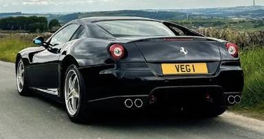 UK Number Plate VEG 1 on a 2008 Black Ferrari 599