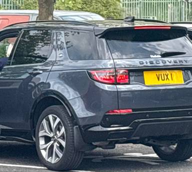 UK Number Plate VUX 1 on a 2026 Blue Land Rover Discovery Spt Dyn Hse D Mhev A