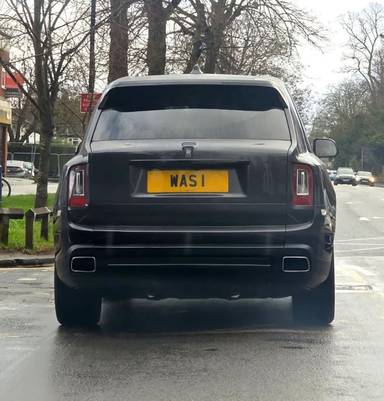 UK Number Plate WAS 1 on a 2020 Grey Rolls Royce