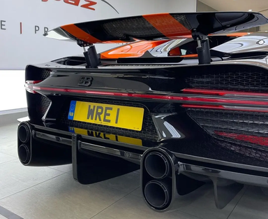 UK Number Plate WRE 1 on a 2022 Black Bugatti Chiron